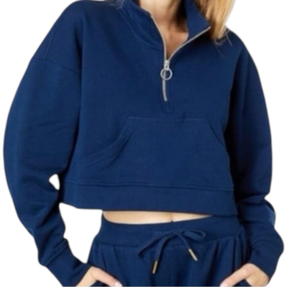 NWT WeWoreWhat Revolve Cropped Half Zip Sweatshirt in Dress Blue size Small